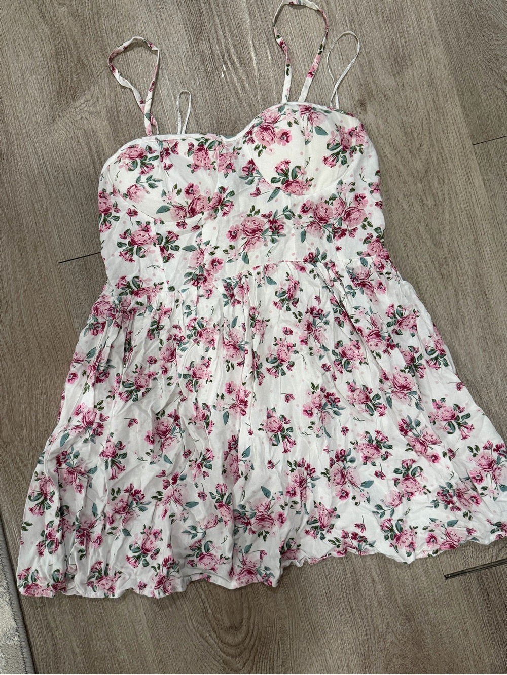 Floral Spaghetti-Strap Dress - White with Pink Roses